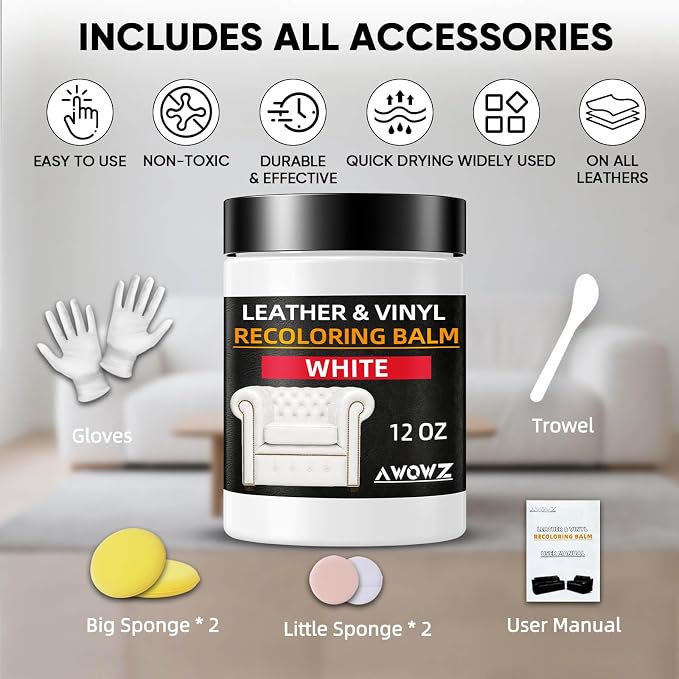 Leather Recoloring Balm, Leather Couch Repair Kit, Leather Restorer for Couches, Leather Scratch Repair, Leather Recoloring Balm for Faded & Scratched Leather Couches (White, 12 OZ)