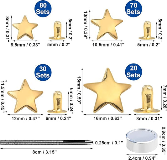 YORANYO 200 Set Mixed Size Leather Rivets Kit for Star Studs, Clothing, Fabric, Gold Color, Crafting, Repair & Decorate Jackets, Shoes, Bags, Belts, Purse