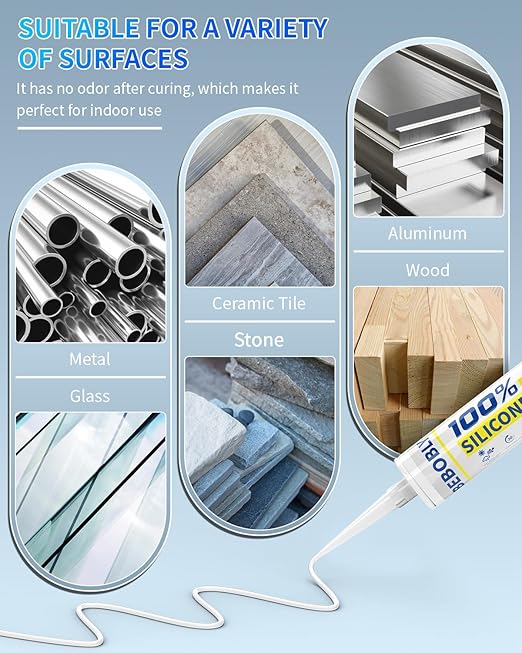 Silicone Caulk & Sealant White, 100% Waterproof Silicone Sealant, Shrink & Crack Proof, Silicone Caulking for Kitchen, Bathroom, RV, Interior & Exterior Use, 10.2 FL. OZ/300ML, 12 Pack