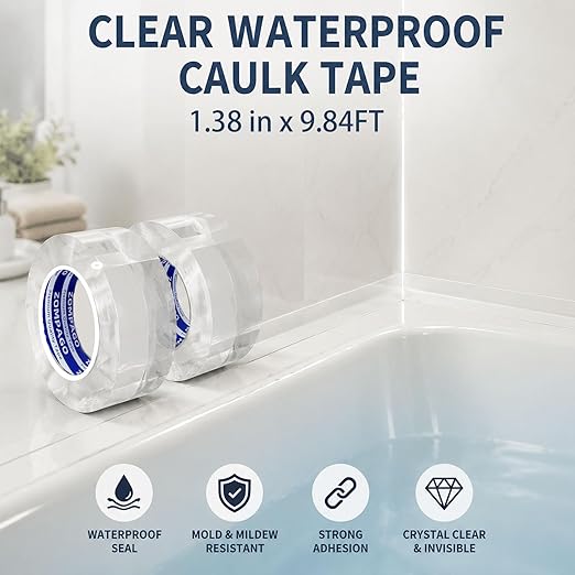 ZOMPAGO Caulk Tape 1.38in x 9.84FT Clear Waterproof Self Adhesive Caulking Tape Peel and Stick Caulk Strip for Bathroom Bathtub Toilet Kitchen Vanity Stain Resistant