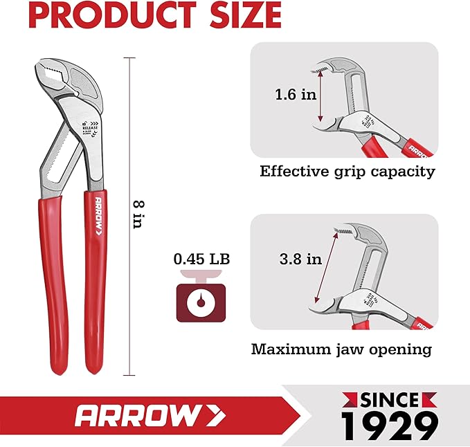 Arrow 8" V-Jaw Groove Joint Pliers, Quick Adjustable Water Pump Pliers with 18 Positions, CR-V Steel, for Plumbing, Automotive, Mechanical Repair and Household Use