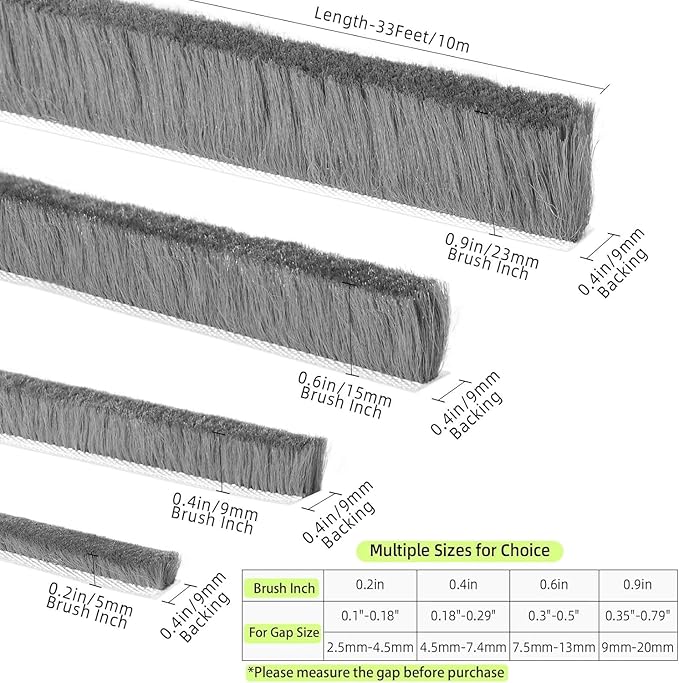 ZOMPAGO Strong Adhesive Brush Weather Stripping 0.9in (T）x 0.4in (W) x 33FT, Grey, Door Seal for Sliding Windows & Doors, Soundproof Noise Blocker, Draft Stopper for Garage Door Frame & Exterior Doors