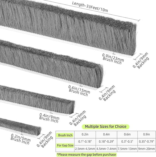 ZOMPAGO Strong Adhesive Brush Weather Stripping 0.6in (T）x 0.4in (W) x 33FT, Grey, Door Seal for Sliding Windows & Doors, Soundproof Noise Blocker, Draft Stopper for Garage Door Frame & Exterior Doors