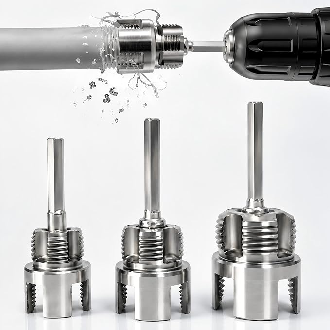 3 Pcs Pipe Thread Cutting Tool & PVC Pipe Threader Kit, Internal & External Rethreading Tool for 1/2", 3/4" & 1" PVC Plastic Pipes, Electric Drill Compatible for Plumbing Repair