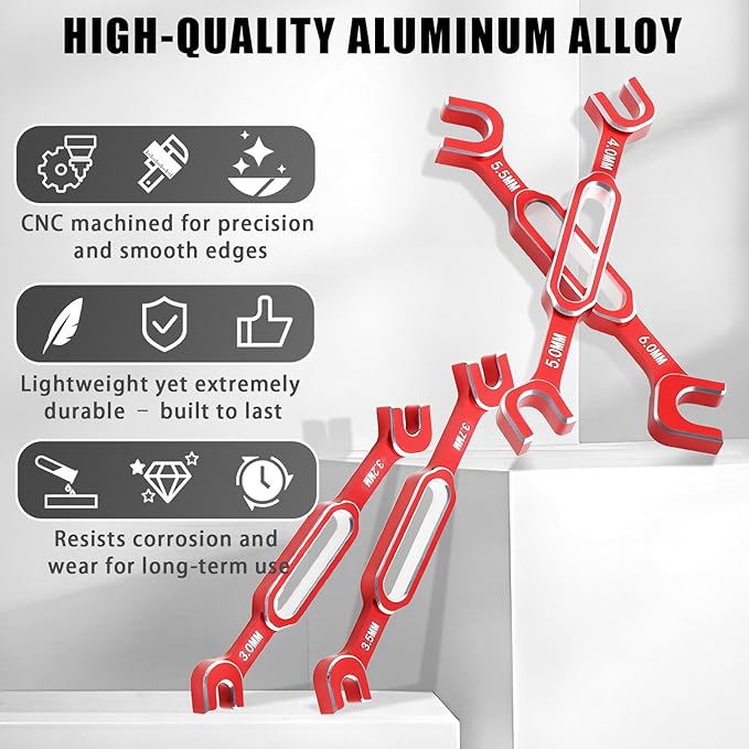 4PCS RC Wrench 3.0/3.2/3.5/3.7/4.0/5.0/5.5/6.0mm Turnbuckle Nut Ball Joint Remover Aluminum Alloy RC Car Repair Tool For RC Crawler Monster Truck Off Road Car Drone Boat Upgrade Parts, Red