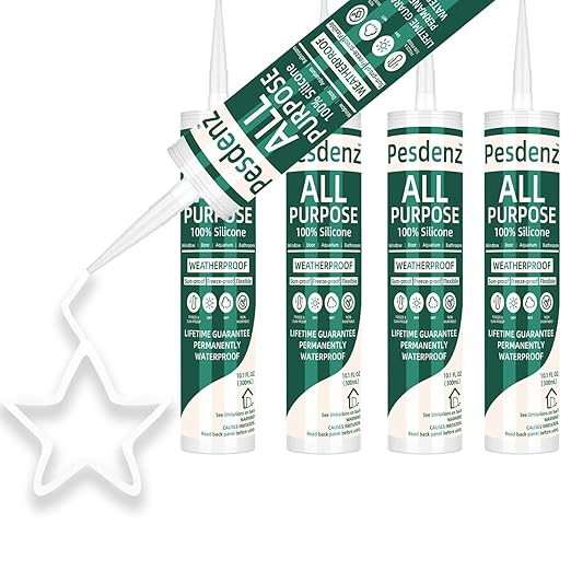 White Universal Silicone Caulk, 100% Silicone Sealant Outdoor Waterproof, Flexible Cartridge Adhesive Caulking for Aquarium RV Roof Window Door Kitchen Bathroom Bathtub Shower Seal, 10.1 Oz, 4 Pack