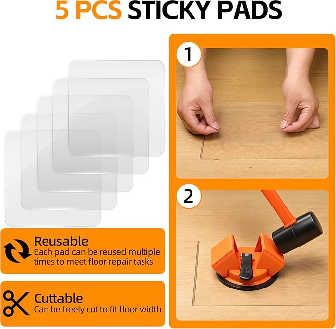 Floor Gap Fixer Tool - 45° Dual-Sided Strike, Floor Suction Cup Tool for Gaps with Crack Cleaner, Mallet & 5 Sticky Pads - Laminate Floor Gap Repair Tool, Flooring Tools Kit