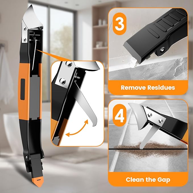 6 in 1 Silicone Caulking Tool Kit with Caulk Grout Remover Tool Sealant Finishing & Smoothing Tool, Grout Scraper, 6 Reusable Pads and Adhesive Residue Scraper for Kitchen Bathroom Tile Sink (Orange)