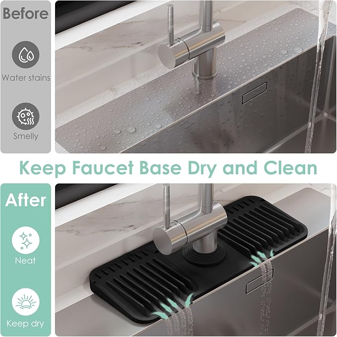 24 Inch Silicone Faucet Mat for Kitchen Sink Splash Guard - 7° Slope Water Draining Mat With Fasten Button for Bathroom Area (Black, 14.6''x5.5'')