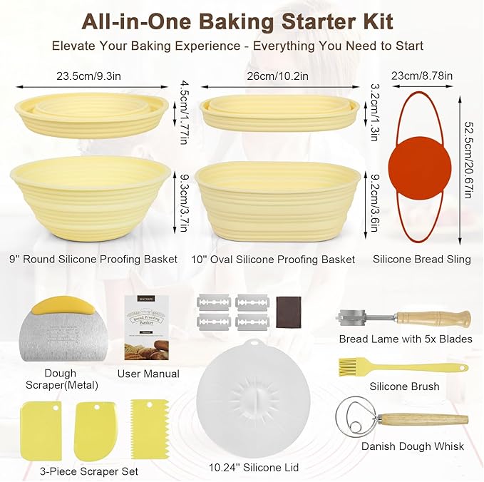 JOCXSPI Silicone Sourdough Starter Kit, Upgraded & Thickened 9" Round & 10" Oval Banneton Bread Proofing Basket, Foldable, Non-Stick Sourdough Basket with Bread Sling & Baking Supplies Tools