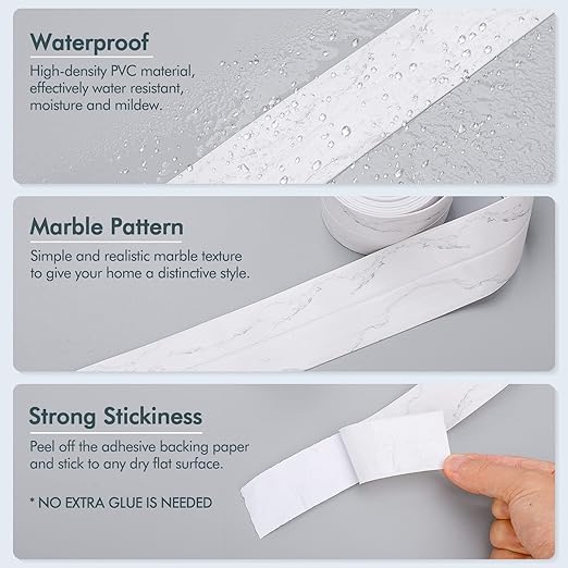 Dstorelhp Caulk Tape Waterproof Self Adhesive, Decorative Caulking Tape for Kitchen, Countertop, Bathroom, Sink, Bathtub, Toilet, Shower (White Marble, 2Rolls-1.5" x 10.5Ft)