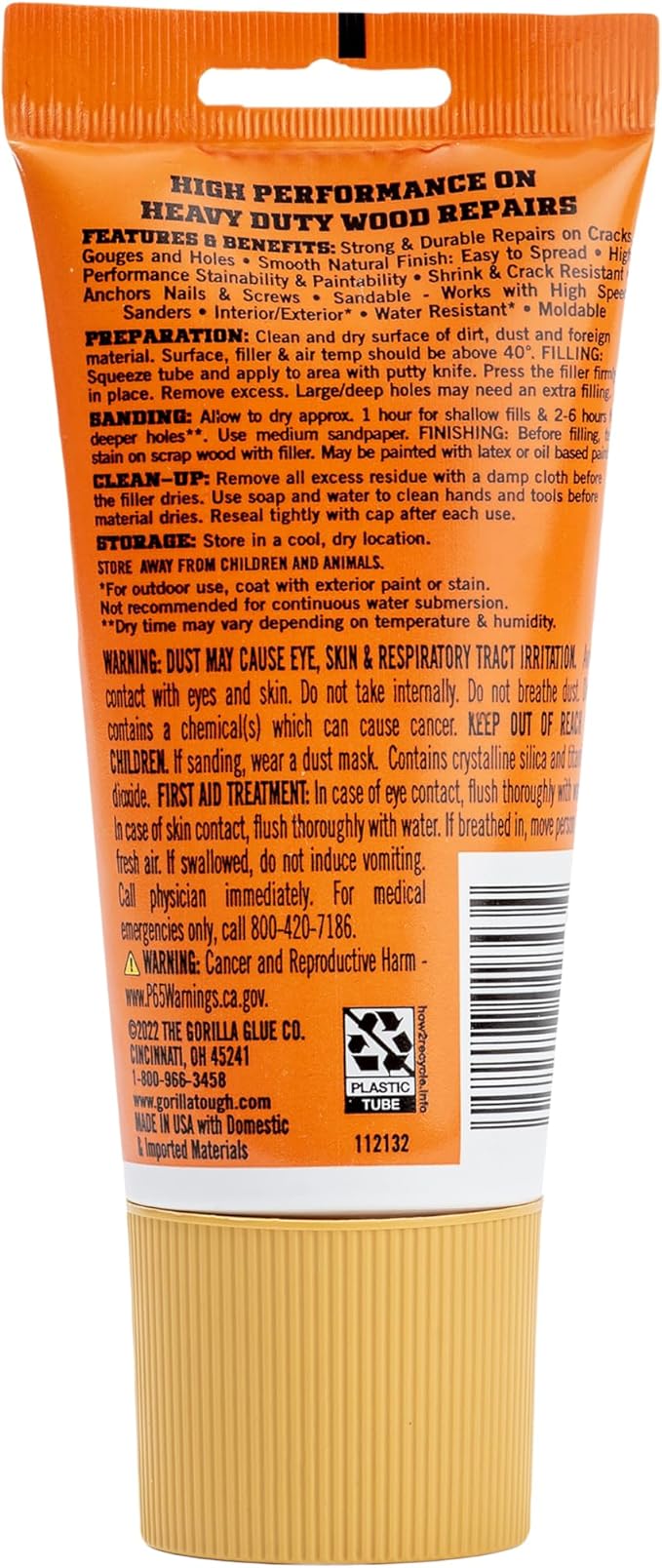 Gorilla All Purpose Wood Filler, Golden Oak Color, 6 Ounce Tube (Pack of 1) - Water Resistant for Indoor or Outdoor Projects and Repairs