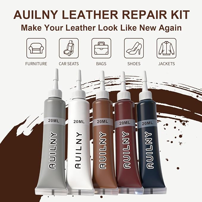 Leather Repair Kit for Furniture, Sofa, Jacket, Car Seats & Purse. Fix Tears, Scratches, Holes & Peeling on Genuine, Faux, Bonded.（5 Colors）