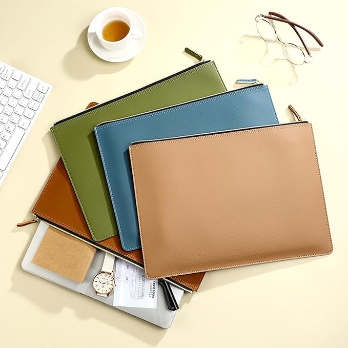 PU Leather A4 File Folder Zipper Document Holder Envelope Folder Case for Receipt Contract (Haze Blue)