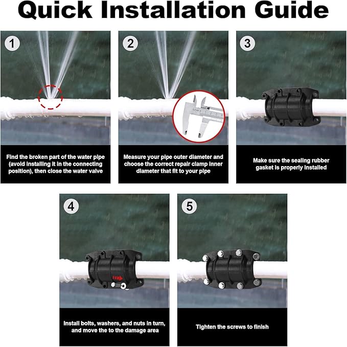 Pipe Repair Clamp 2 inch, Water Pipe Leak Repair Clamp, Pipe Repair Kit for Plastic and Metal Pipes, Leak Stopper with Anti-Impact, Suitable for Pipes 50MM OD
