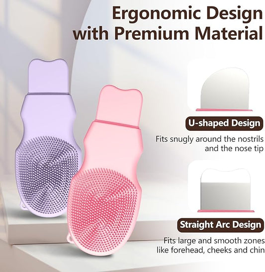 2-Pack Blackhead Remover Double Headed Scraper, Silicone Face Scrubber for Deep Cleansing, Portable Mini Skin Care Tool for Men & Women (Pink + Purple)