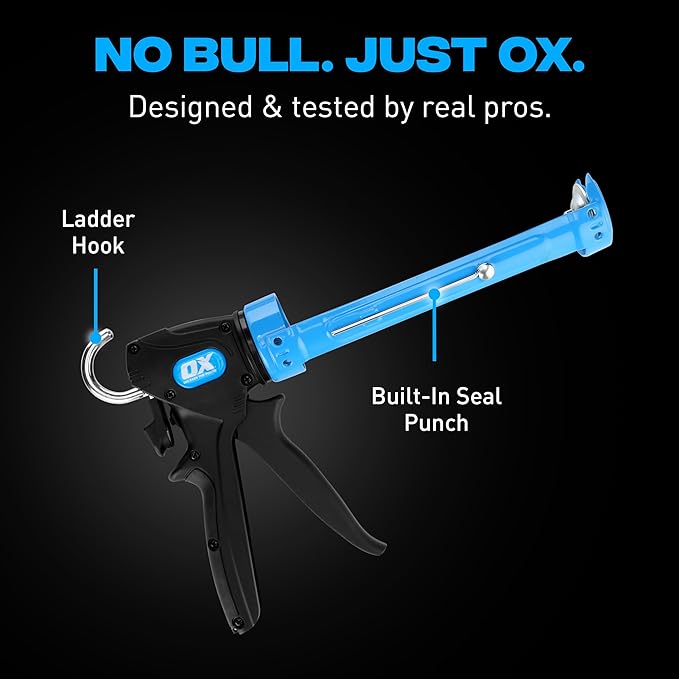 OX Pro Heavy Duty Caulk Gun - 10 oz Manual Caulking Gun with Dual 24:1/12:1 Thrust Ratio - Best Caulk Gun for Sealant & Adhesive - Pistola De Calafateo