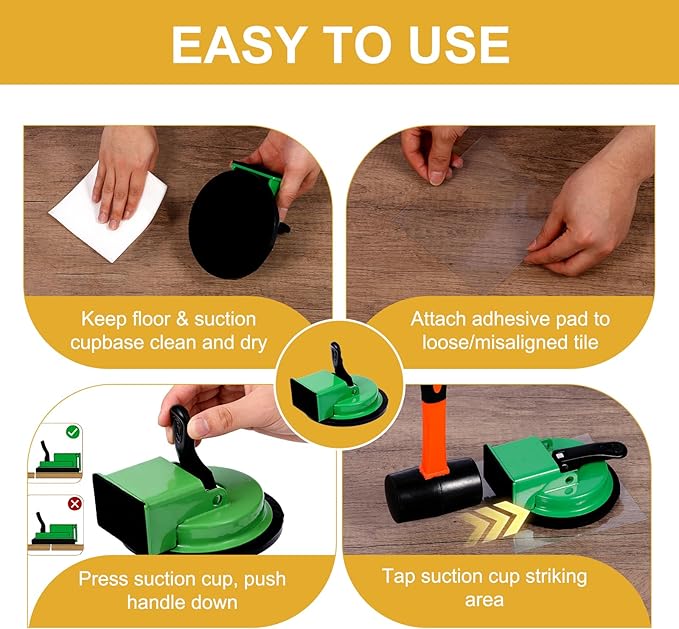 Floor Gap Fix Tool Kit – Heavy-Duty Iron Floor Gap Puller with 4.65" Suction Cup (110 lbs), Rubber Mallet & 10 Reusable Sticky Pads – Hardwood, Laminate & Bamboo Floor Repair Kit