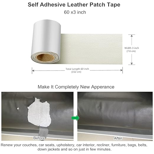 ILOFRI Self Adhesive Leather Repair Patch Tape 3x60 inch, Vinyl and Leather Repair Kit for Couches, Furniture, Car Seat, Boat Seat, Sofa, Vinyl Upholstery, Chair, Interior - Beige White