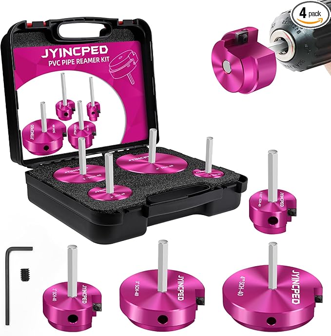 4 Pcs PVC Reamer Kit,Fitting Saver PVC Pipe Reamer Socket Saver Set for Plumbing,Includes 1-1/2 Inch 2 Inch 3 Inch 4 Inch,Plastic Pipe Reamers Tool Kit for Sch.40 CPVC ABS Fittings,Fit for 1/2" Drills