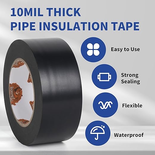 TAPEBEAR 12 Rolls Corrosion Protection Pipe Tape, 10mil Pipe Wrap Tape for Drain Pipe, Metal Electrical Outdoor Underground Pipe, Waterproof PVC Black Tape Thicker for Hose Leak Proof, 4Inch x 33Yard