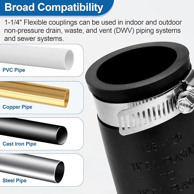 Flexible Coupling Pipe Fittings for 1-1/4" PVC Pipe or 3.925 Inch Circumference Copper Plumbing Connections, with Adjustable Stainless Steel Water Pipe Coupling Clamps Seal Installation