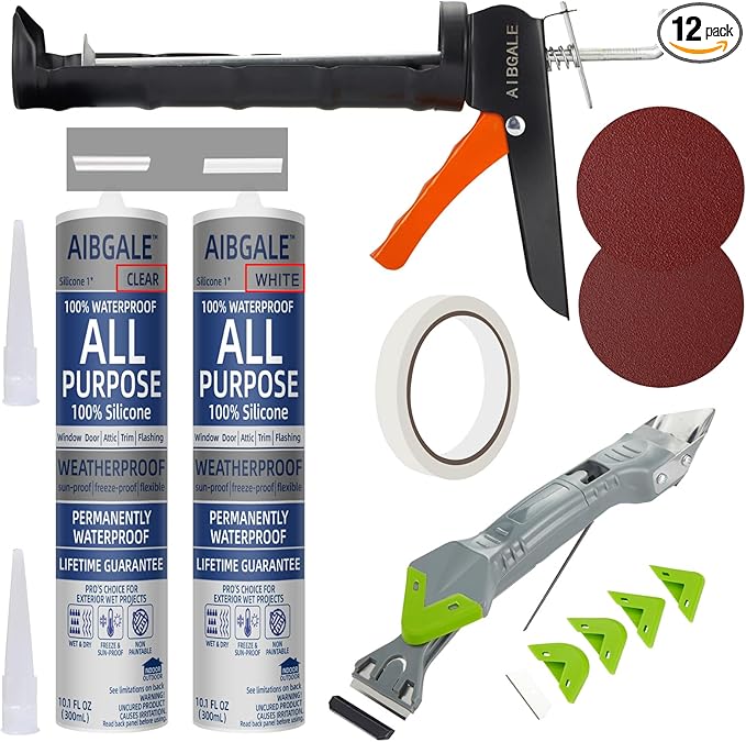 Caulking Tool Kit, Caulking Gun, 2 White/Clear Silicone Sealant with Gun - All-Purpose 100% Silicone Caulk (20 oz Tube), and 5 in 1 Scraper/Smoothing Tool, Sandpaper, Gloves and Masking Tape