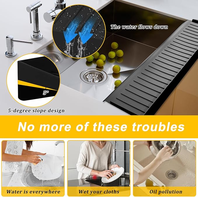 Silicone Sink Edge Protectors - Multifunction Accessories, Splash Guard & Draining Mat for Kitchen, Bathroom Sink, Steel, Granite, Quartz Countertops (Black, 4 * 24in)