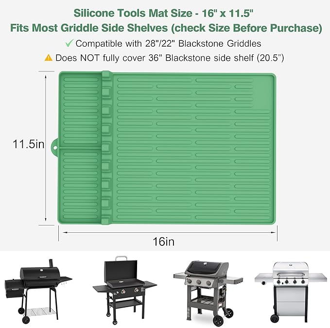 Silicone Grill Mat Compatible with Blackstone, BBQ Griddle Tools Mat with Drip Pad, Large Spatula Holder for Outdoor Kitchen Counter, Gifts for Men (Light Green)