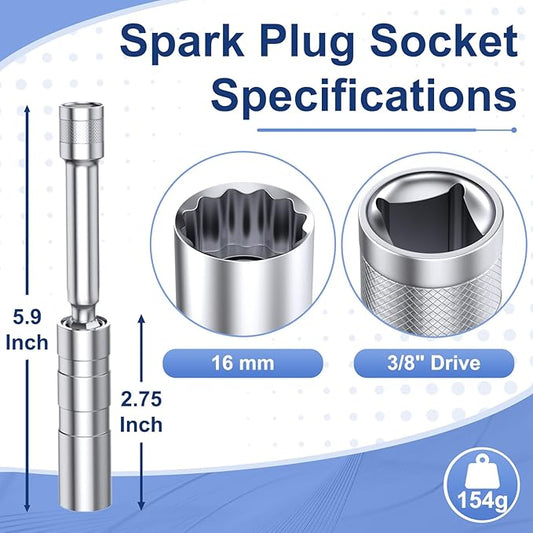 16mm Spark Plug Socket, Thin Wall 3/8" Drive Spark Plug Socket Removal Tool, 12 Point x 5.9" Total Length, 360 Degree Magnetic Swivel 5/8" Spark Plugs Socket for Most Car Models