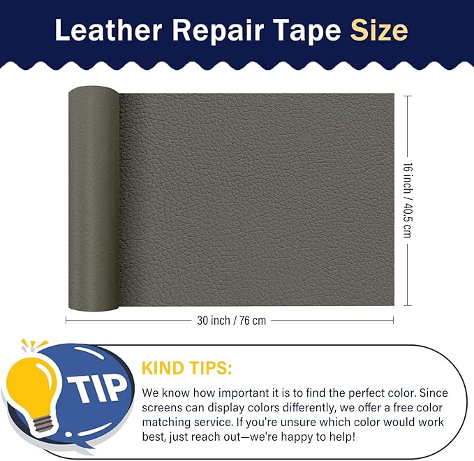 Zenyao Leather Repair Patch Tape - Self Adhesive Leather Repair Kit for Car Seat Furniture, Heavy Duty Vinyl Repair Patch for Couch Sofa, Waterproof Fix for Tears, 16x30 Inch Roll, Light Grey