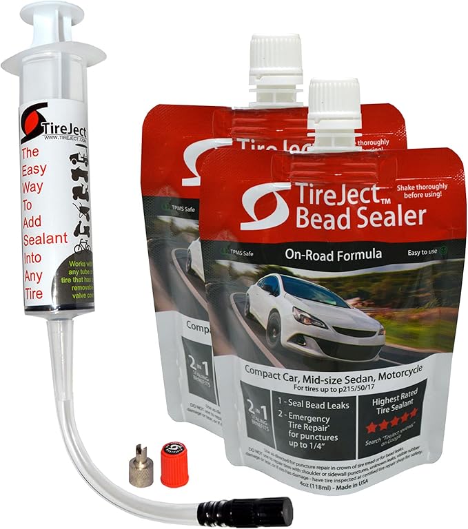 TireJect Automotive Compact Car 2-in-1 Tire Sealant & Bead Sealer Kit (2-Pack with Injector)