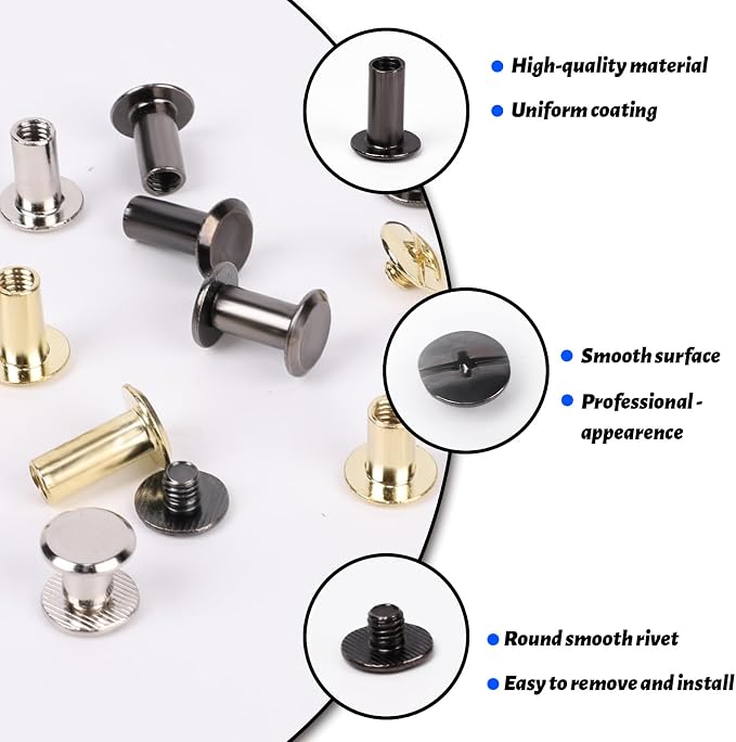 110 Sets Chicago Screws Leather Rivets Kit with Rubber Hammer, 6 Sizes (M5*4,5,6,8,10,12) Assorted Leather Fasteners Binding Screws for DIY Leather Craft, Belts, Bags, Clothing Fabric Repair (Black)