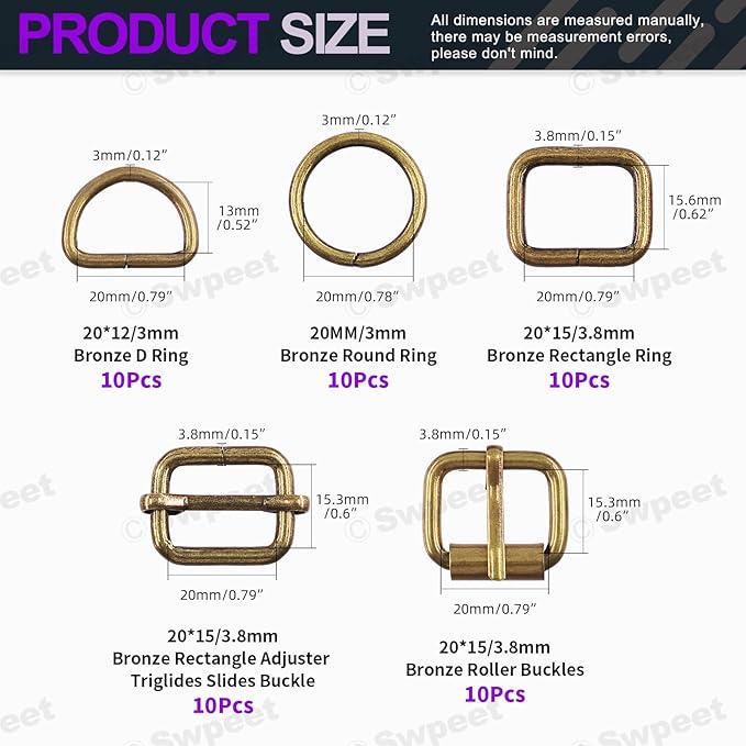 Swpeet 5 Style Metal Buckles - Adjustable Slide, D Ring, Circular Ring