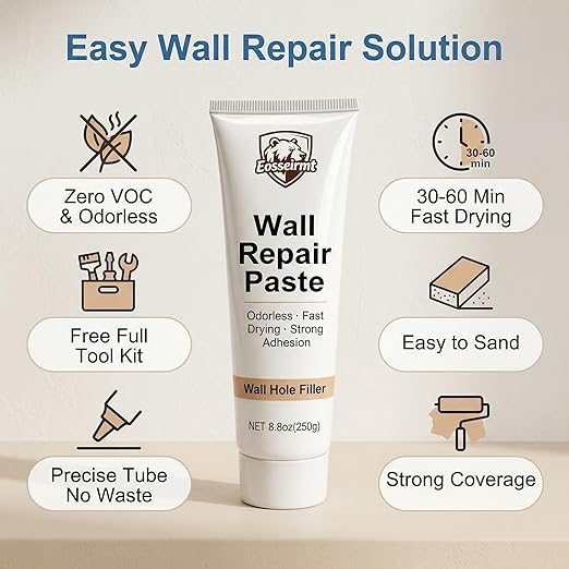 Spackle Wall Repair Paste Tube Putty,Filler Nail Hole Drywall Patch Kit–2 Pack 250g (500g Total) Zero VOC Odorless Wall Filler,Fast Drying Paintable Compound for Cracks and Holes