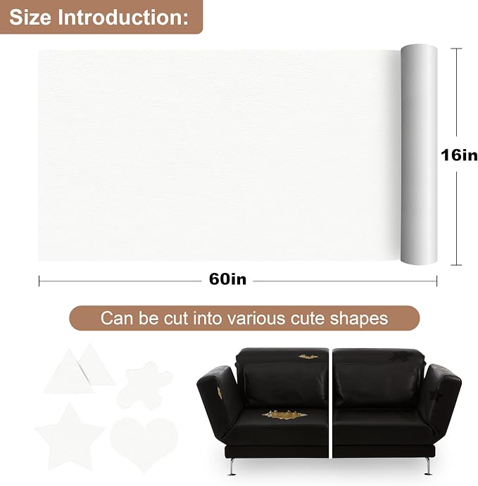 ONine Leather Repair Patch, Self-Adhesive Couch Patch, Multicolor Available Scratch Leather 16X60 Inch Peel and Stick for Sofas (Pearl White)
