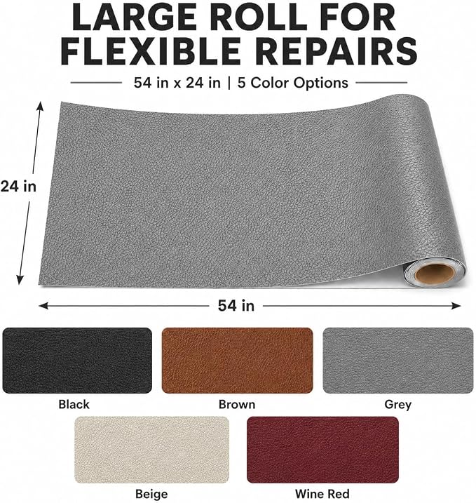 Self Adhesive Leather Repair Patch 24x54 Inch, Large Vinyl Repair Kit，Grey | Leather Tape for Furniture, Couch, Sofa, Car Seats. Waterproof, Strong Adhesion, Easy Cut Pleather Patch Waterproof Scratch