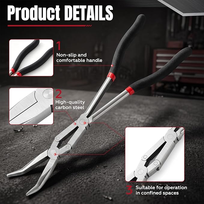 3 Pack 13 Inch Long Reach Needle Nose Pliers Set, Double Rivet with Straight 45° 90° Bent Tips for Automotive Hose Removal, Engine Repair and Tight Spaces