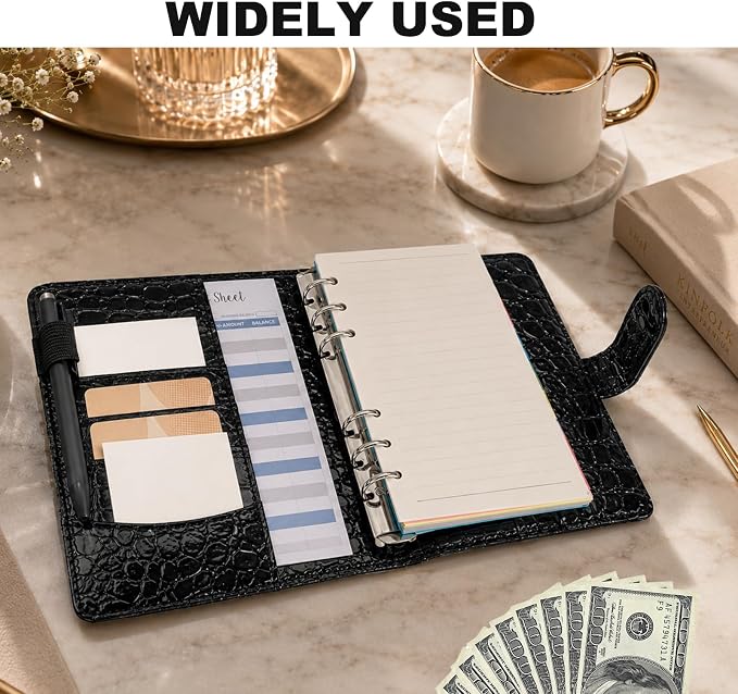 Convend A6/A5 Refillable 6 Ring Faux Leather Budget Binder,Mini Notebook Binder Cover for A5 Filler Paper,Loose Leaf Personal Planner Cover with Magnetic Buckle Closure(Crocodile-Black)