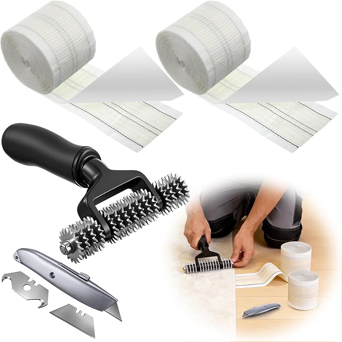 Dreyoo Upgraded Carpet Repair Kit with 5" Star Wheel Seam Roller, 4" x 60ft Carpet Seam Tape & Heavy Duty PVC Pipe Cutter, Heatless Carpets Patching Tools for DIY Home/Office Floor Maintenance