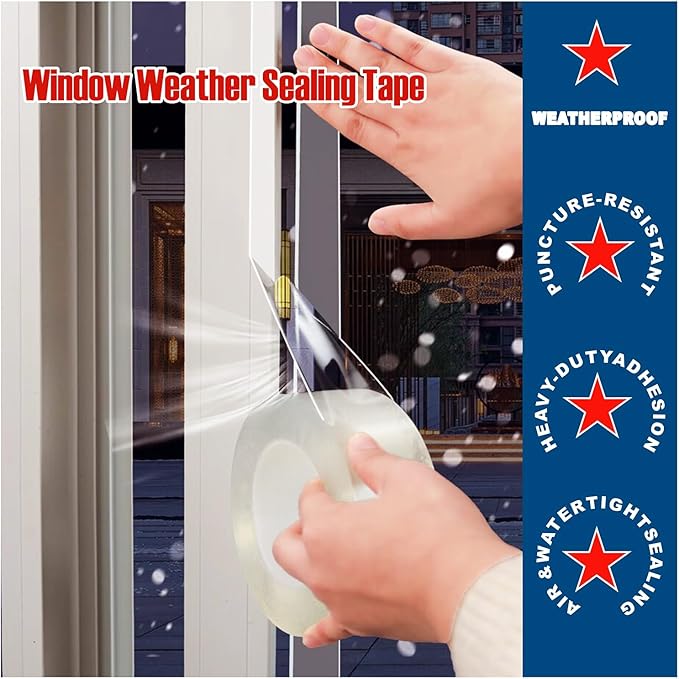 Transparent Window Weather Sealing Tape, 4-Inch x 85FT, Clear Window Draft Isolation Sealing Film Tape-Clear Draft Stopper Adhesive Tape for Doors, Windows and Shower Glass Gaps (4-Inch x 85FT)