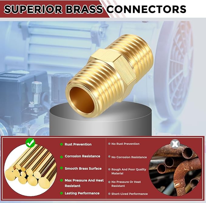 Pack of 6, 1/4" MNPT to 3/8" MNPT Solid Brass Hex Nipple Hose Connectors W/Sealing Tape, Male Pipe Adapter for Pipe Leak Repair, Bathroom Remodeling, Tool Extensions, Compression