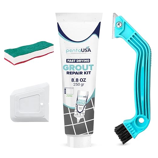 PentaUSA Tile Grout Repair Kit with Removal Tool - Premixed Acrylic Sanded Grout Filler for Bathroom, Shower, and Kitchen, Includes Applicator Spatula, and Sponge - White (8.8oz / 250g)