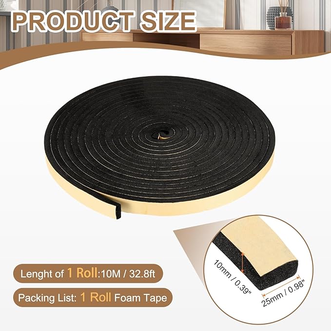PATIKIL Foam Insulation Tape, 1" W x 3/8" t x 32.8FT Self Adhesive Weather Stripping Door Seal Strip for Door Window Air Conditioning, Black