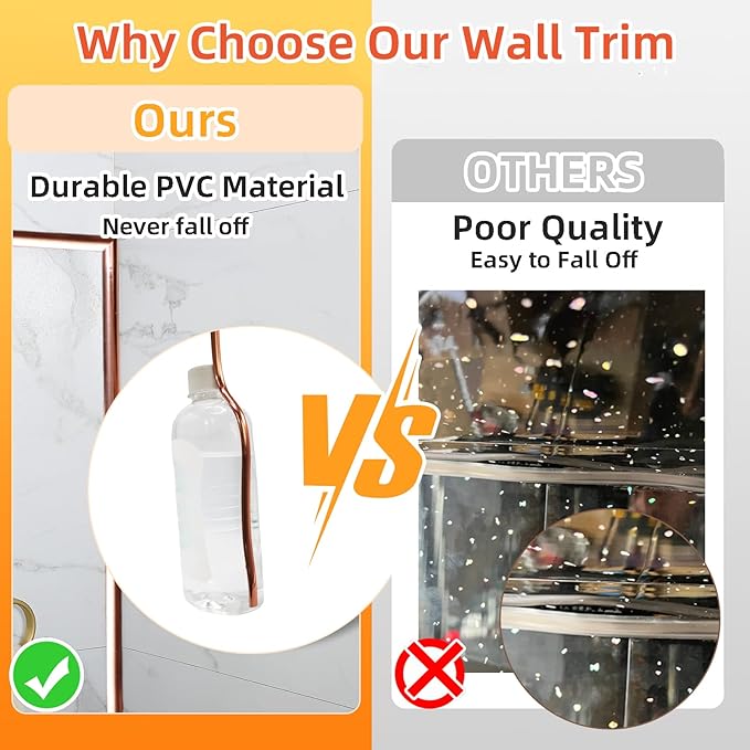22Ft Rose Gold Peel and Stick Trim, Large Molding for Walls, Edges, Borders, Window Frames, Backsplash Tiles - Flexible and Self Adhesive (5 Colors)