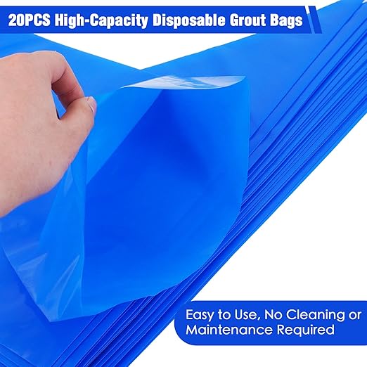 22PCS Tile Grout Masonry Mortar Bag & Brick Jointing Tool Kit, 20PCS 11"x22" Blue Disposable HDPE Tear Resistant Grout Bags,Tuck Pointing Trowel & Convex Brick Jointer for Brick Mortar Repair