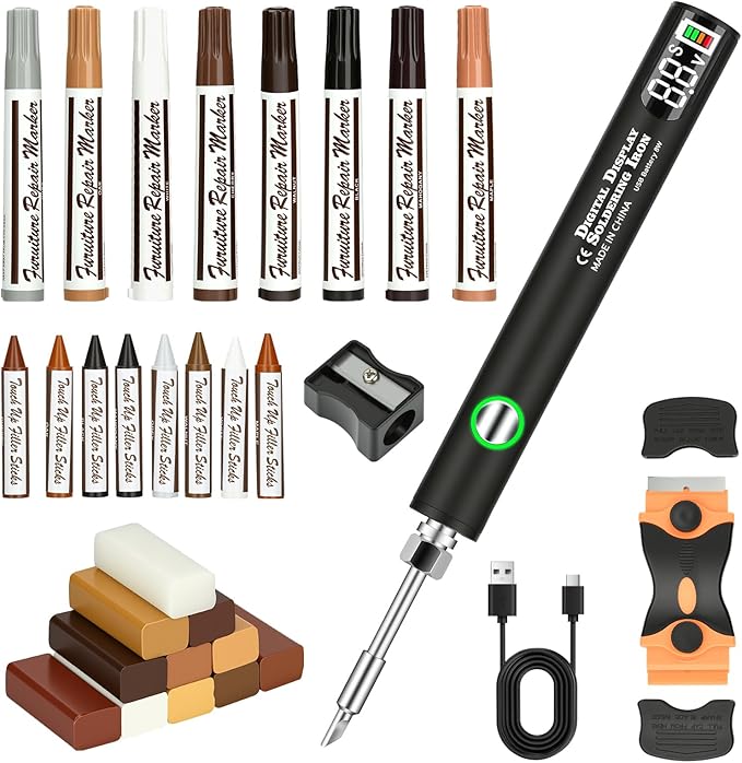 Wood Furniture Repair Kit - Includes Wax Melting Tool with Display, Hard Wax Filler, Marker Pen - Furniture and Countertop Repair Set, Hole for Floor, Table, Door, Cabinet