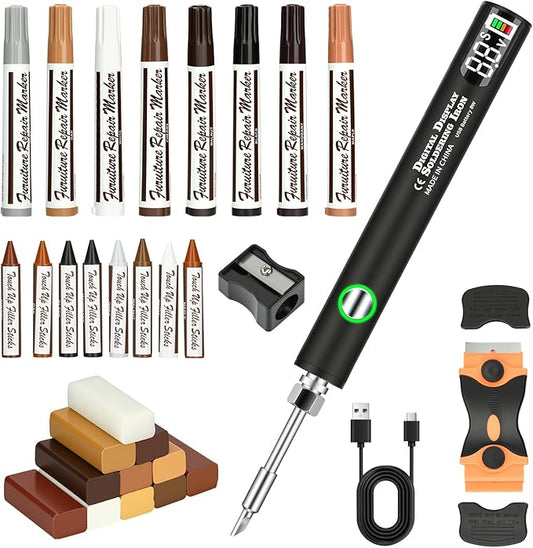 Wood Furniture Repair Kit - Includes Wax Melting Tool with Display, Hard Wax Filler, Marker Pen - Furniture and Countertop Repair Set, Hole for Floor, Table, Door, Cabinet