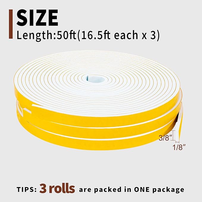 Yotache Weather Stripping Door Seal Strip White 3/8" x1/8", 50Ft Total, Foam Insulation Tape Gasket for Door Frame and Windows, 3 Rolls x 16.5Ft
