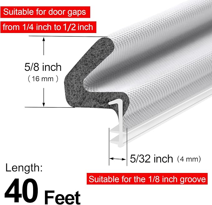 40FT Kerf V‑Shaped Weather Stripping Door Seal, Press‑in Seal for Pre‑Cut Slot Doors, Not Self‑Adhesive, Soundproof Draft Blocker for Exterior Front Doors, Fits Large Gaps, Easy DIY Install (White)